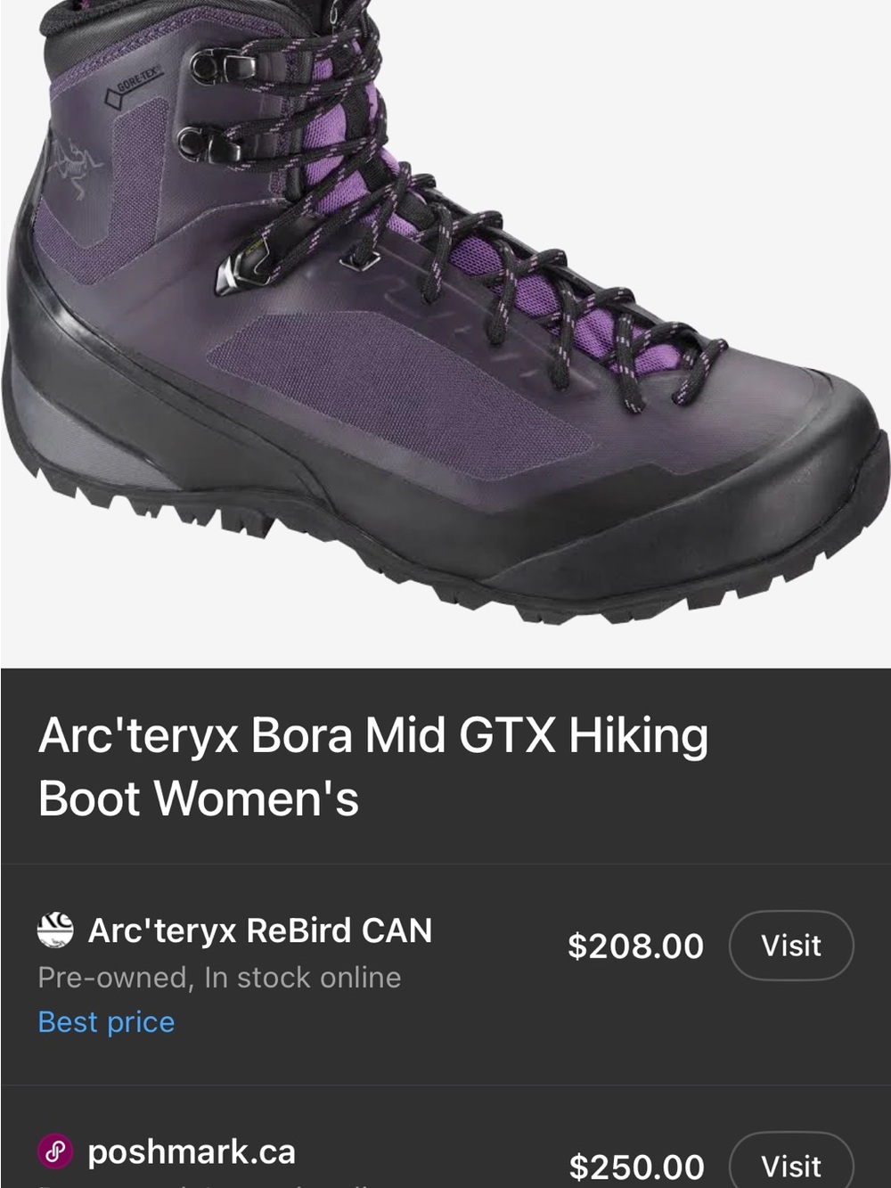 Arc'teryx Women's Bora Mid Lace-Up Goretex Hiking Boot in Purple and Black